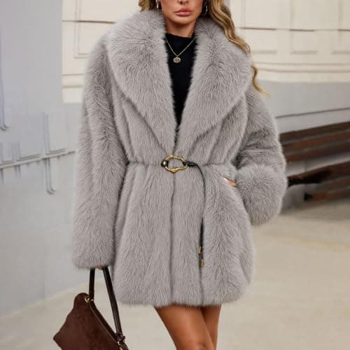 Gray Womens Faux Fur Coat Lapel Belted Warm Winter Jacket with Pockets XXL — view 3