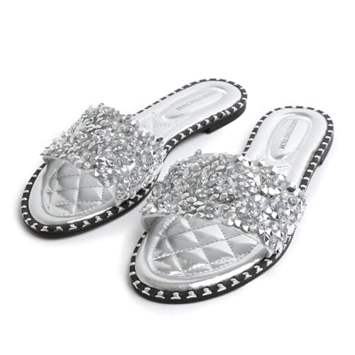 Fashion Thirsty Womens Ladies Flat Low Heel Diamante Sandals Slip On Party Wedding Bling Sliders Slides Beach Pool Holiday Travel Sandals — view 3