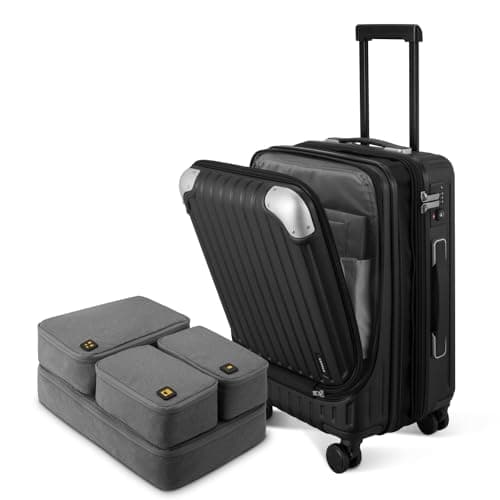 LEVEL8 Carry on Suitcase Expandable with 4pcs Luggage Organiser Set, 55CM Hand Case with Laptop Compartment ABS+PC Hardshell Spinner Cabin Size with 4Wheel TSA, Black