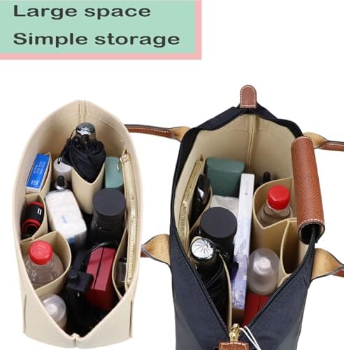 Lckaey tote bag organizer insert for Longchamp le pliage large tote insert felt purse zipper bag organizer beige, L/16.5 * 6.7 * 9.8in — view 2