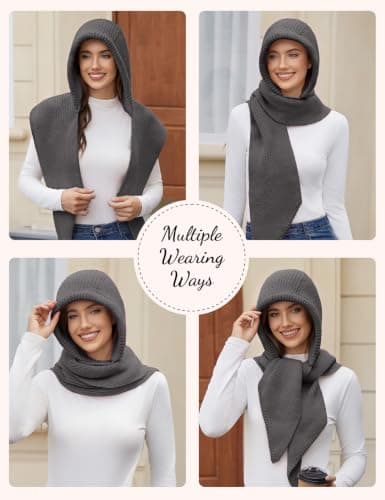 Vijamiy Knitted Hooded Scarf for Women 2-in-1 with Elastic Fit, Dark Grey — view 3