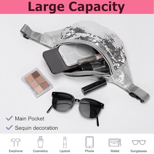 Glitter Fanny Pack,Women Sequins Waist Bag with Adjustable Belt Silver Bum Bag Stylish Waterproof Belt Bag for Parties,Festivals,Travel,Daily Use — view 4