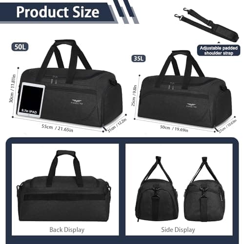 FIORETTO 35L Mens Sports Gym Bag with Wet Pocket & Shoe Compartment,Travel Duffle Overnight Bag with Padded Shoulder Strap, Water-Resistant Sports Holdall for Swimming, Basketball Black — view 4