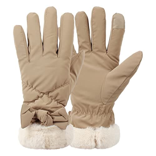 MEGAUK Womens Water Proof Warm Snow Ski Gloves Touchscreen Winter Biking Gloves with Cuff (Khaki, One Size)