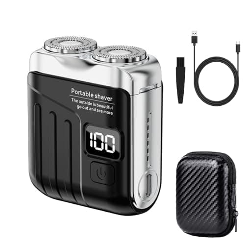 Portable Rotary Dual Ring Electric Shaver with Travel Case, Mini Dual-Head Electric Shaver for Men, Rechargeable Waterproof Pocket Razor for Home, Car, Travel (Black)