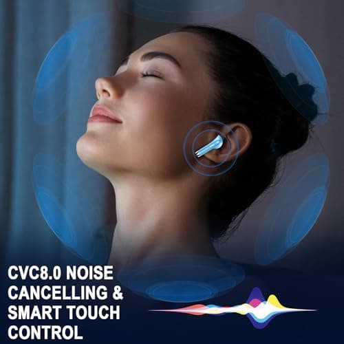 Jxrev Wireless Earbuds, Bluetooth 5.4 Headphones in Ear with 4 ENC Noise Cancelling Mic, 40H Playtime Earphones with HiFi Stereo Deep Bass, Wireless Headphones IP7 Waterproof, USB-C, Sky Blue — view 5