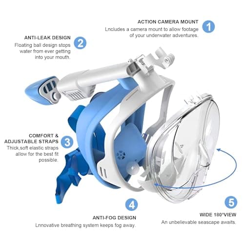 Jsdoin Snorkel Mask Full Face,180°view Design - Anti-fog, Anti-leak Technology - Sports Camera Compatible - for a Safe Adults and Kids Snorkeling Experience (Blue, L/XL) — view 2