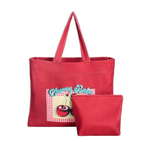 OHS Large Beach Bags for Women, Cherry Baby Slogan Beach Tote Bag with Matching Zip Pouch Waterproof Lining Reusable Grocery Bags for Women Travelling Shopping Pool, Red