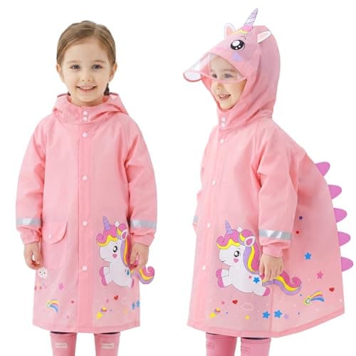 Adiwo Rain Poncho Girls Boys, Boys Girls Portable Raincoat, Kids Raincoats with Hood, Cartoon Poncho Toddler, Kids Lightweight Rainwear Waterproof Reusable, Pink Unicorn (M)
