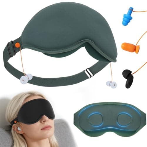 3D Contoured Sleep Mask with Earplug Retainer Cord,100% Pressure-Free & Total Light Blocking Eye Mask with Adjustable Strap. Ideal for Sleep Earplug User, Airplane Travel, Meditation Green