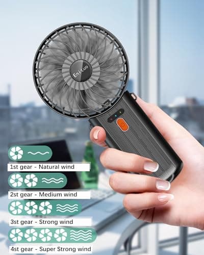 Portable Fan Handheld Fan with Neck Lanyard, Battery Operated Electric Powered USB Rechargeable Fans, 6-15H Cooling, 180° Foldable with 4 Quiet Speeds Mini Fans for Travel Outdoor Home Office, Black — view 2