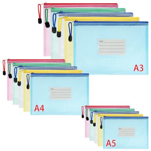 Vicloon Plastic Wallets, 15Pcs A3 A4 A5 Folders Wallets, Zip Lock Bags Mesh Document Wallet Plastic Document Wallets Folder with Label Pocket for School Office Homework Travel Storage Bags (Multi)