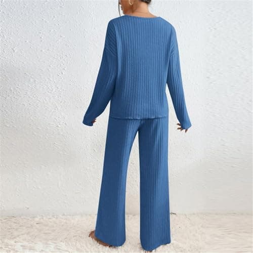 Ladies Loungewear Sets UK Womens Tracksuits Travel Sets for Women Clothes Co Ord Womens Two Piece Outfits Leisure Suits Airport Outfit Knitted Long Sleeve Blouse and Pant Set — view 5