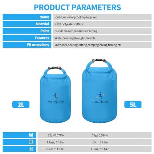 ioutdoor Dry Bag Set,2L/5L/10L/20L Waterproof Dry Sacks (Blue 2L+5L) — view 2