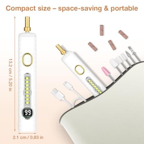 HOTUT Cordless Electric Nail Drill File, 23000RPM Professional Nail Drill Machine for Beginners, Portable Manicure Pedicure Set with 6 Drill Bits 20 Sanding Bands, E File for Acrylic & Gel Nails — view 2