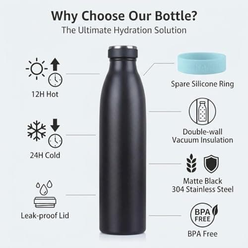 Love-KANKEI 1L Insulated Water Bottles, Stainless Steel Water Bottle Black — view 2