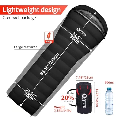 QEZER Down Sleeping Bag,Lightweight Rectangular Winter Sleeping Bag [1180g/1860g] for Adults and Kids 4 Season Camping, Hiking,Warehouse and Moutaineering Outdoor (Black, 800g down) — view 2