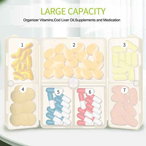 FYY 7 Day Pill Organiser, Travel Tablet Box, Large [Foldable Design] Weekly Medication Case, Portable Daily Supplements Storage Organizer for Vitamins, Cod Liver Oil-Cream White — view 2