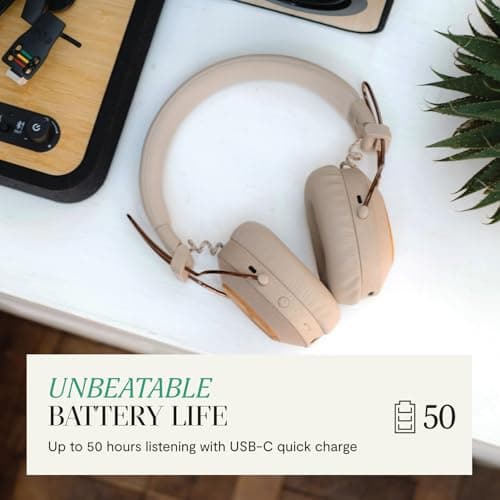 House of Marley Positive Vibration Riddim On-Ear Headphones Wireless - Bluetooth Headphones, 50 Hr Playtime, Folding Earphones with Microphone, USB-C Quick Charging, Sustainable Materials, Cream — view 3