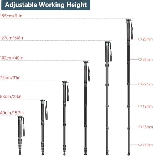 Manbily A-555L Monopods for Cameras 40cm - 155cm Camera Monopod Walking Stick with Handle Portable Compact Travel Monopod Aluminum Selfie Stick 6 Sections 7KG for DSLR Video Camcorder Stand (Grey) — view 5