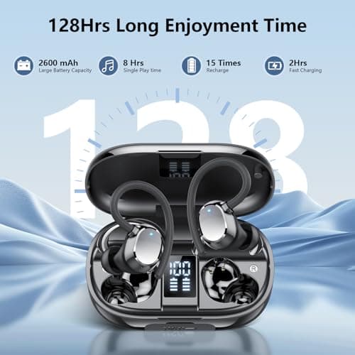 Wireless Earbuds, New 128H Bluetooth 5.4 Headphones Sport with Earhooks, Earbuds Dual LED Display, 4 ENC Noise Cancelling Mic Wireless Earphones, IP7 Waterproof Ear Buds for Sport/Gym/Running — view 3