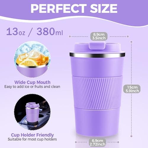 Volhoply 380ml 13oz Stainless Steel Insulated Travel Coffee Mug with Fip Lid,Reusable Double Wall Vacuum Metal Coffee Cup,Portable to Go Leak Proof Cafe Tumbler for Hot & Cold Drinks(Purple,1) — view 2