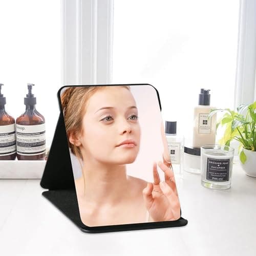 Shunshi Portable Folding Mirror, 16.4 * 11cm, Standing/Leaning, Rectangular, Brown PU Frame, HD Glass, Adjustable Stand, Travel Makeup Mirror — view 5