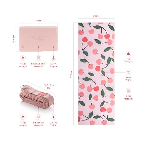 MYGA Yoga Starter Set - 6mm Non-Slip Yoga Mat, Yoga Block and Strap - Starter Kit for Beginners in Pilates, Exercise and Fitness - Choice of Design (Cherry) — view 2