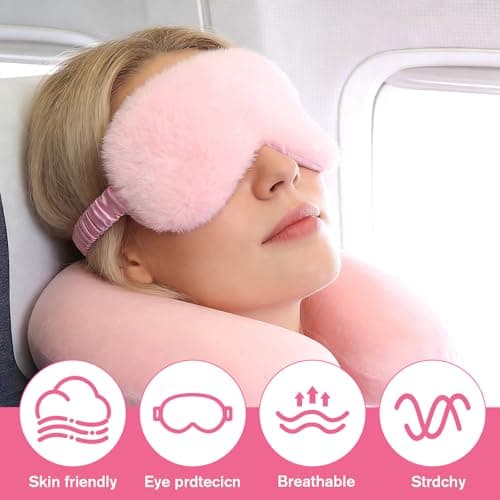 2 Pcs Plush Eye Mask, Soft Sleeping Blindfold Eye Cover Comfortable Satin Back New Faux Fur Nap Eyes Cover Cute Fluffy Furry Sleeping Blindfold for Men Women Plane, Game, Travel Nap (Pink) — view 5