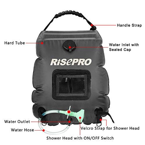 RISEPRO Solar Shower Bag, 5 gallons/20L Solar Heating Premium Camping Shower Bag Hot Water with Temperature 45°C Removable Hose on/off Switchable Shower Head Hiking Climbing Summer Shower Black K8 — view 2