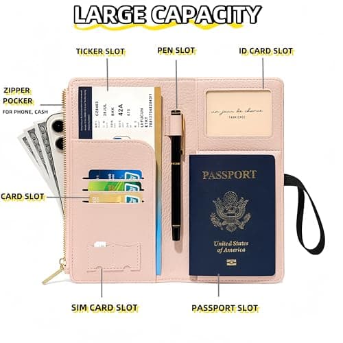 NQQNQQ RFID-Blocking Leather Travel Wallet & Passport Holder with Zipper Pocket, Card Slots, and Phone Compartment – Waterproof Travel Organizer for Women & Men. TG-1 (Pink) — view 2