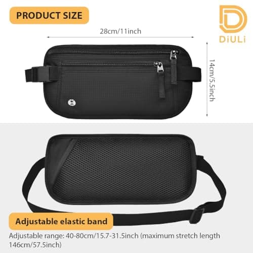 DiULi RFID Blocking Money Belt for Travel, Hidden Bum Bag with Adjustable Elastic Waist Strap, Secure Passport Pouch with 5 Free Card Sleeves, Anti-Pickpocket Protection for Cash & Phone Black — view 2
