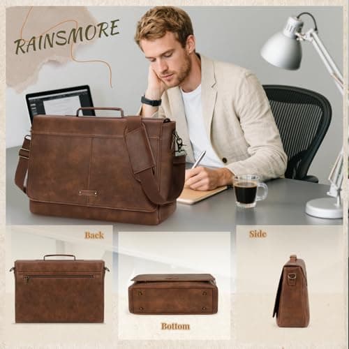 RAINSMORE Vintage Messenger Bag Men PU Vegan Leather Laptop Bag for Men 15.6 Inch Retro Mens Briefcase Waterproof Satchel Computer Bag for Work College Office Travel — view 2