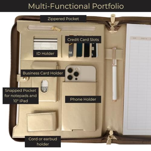 BLU Monaco Brown Vegan Leather Portfolio Binder for Women - Professional Padfolio Work Organizer with Gold Trim, Zippered Business Case for Documents — view 2