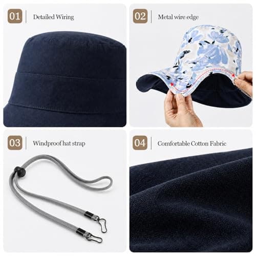 Wide Brim Women Sun Hat Summer Beach Bucket Fishing Hats Metal Wired Edge Packable UV Protection for Hiking Garden Travel, M2835-navy, One Size — view 4