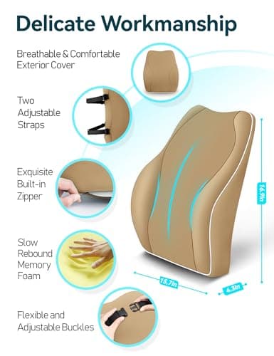 Travel Ease Ergonomic Lumbar Support Cushion, Memory Foam Back Support Cushion for Office Chairs with Skin-friendly Cover for Comfort (Khaki) — view 5