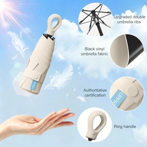 HCQC Mini Sun Umbrella with Ring Handle – UPF 50+ UV Protection 99.9%, Compact Travel Umbrella for Purse & Backpack, Lightweight Small Portable, Rain & Sun for Women Men Kids (Beige) — view 3