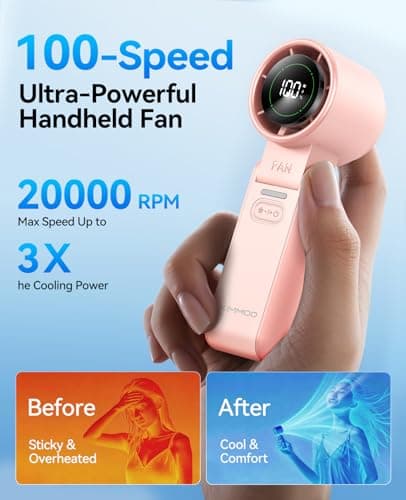KIMMOO 3-in-1 Portable Handheld Turbo Fan-100 Speeds, 20000 RPM, 12Hrs Cooling, Digital Display, 120° Rotation, USB Rechargeable Mini Hand Held Personal Fan for Travel, Makeup, Outdoor, Indoor (Pink) — view 3