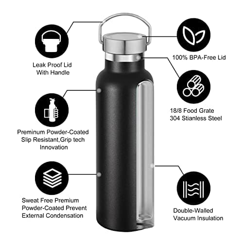 Volhoply Black Stainless Steel Water Bottles,600 ML Vacuum Insulated Double Wall Travel Bottle with Leak Proof Lid of Handle,Metal Reusable Standard Mouth Flask for School,Hikers,Gift — view 3