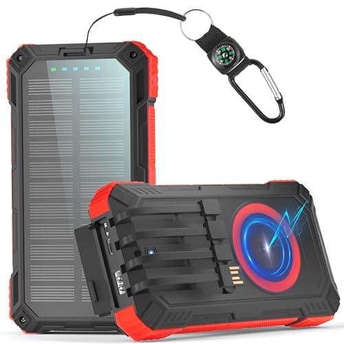 Power Bank 56800mAh Solar Charger 15W Wireless Charging USB-C 30W Fast Charging with 4 Built-in Cables LED Flashlight Battery Pack Compatible with iPhone, iPad, Galaxy, Perfect for Camping