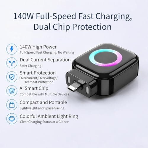 Evenoonest 140W Smart Charging Adapter with Auto Eject Technology, Dynamic Light Ring and Scratch-Resistant Pads, Travel Splitter for Devices(Black-2PCS) — view 3
