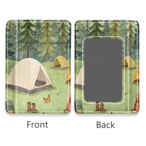 xigua Slim Wallet Front Pocket Leather RFID Blocking Credit Card Holder Camping-Tents-Forest-Illustration-Nature-Tree Minimalist Wallets — view 2