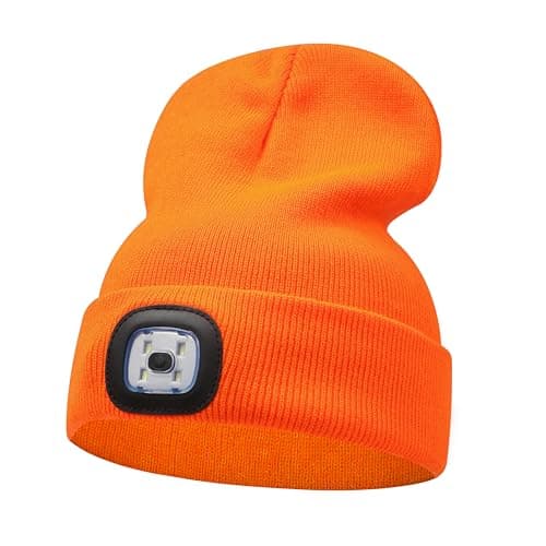 LED Beanie Hat Orange Headlamp Plain Soft Comfortable USB Rechargeable Head Light for Men Women Warm Knitted Winter Woolly Night Running Dog Walker Headwear — view 6