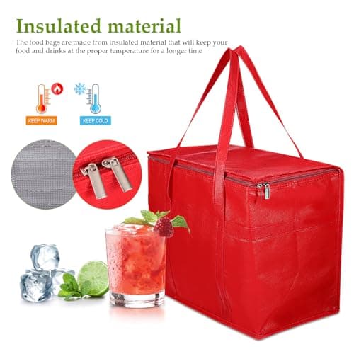 HOMSFOU 4pcs Large Insulated Grocery Bags Set Jumbo Thermal Tote Cooler Bags with Zippered Top Foldable Non-woven Fabric Lunch for Food and Travel 41x23x33cm Red — view 6