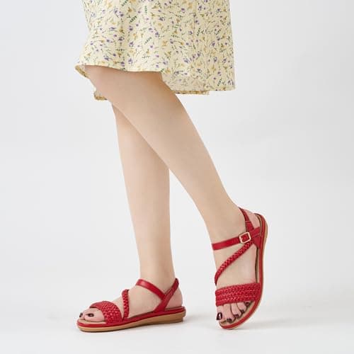 Women’s Dressy Flat Sandals, Strappy Open Toe Low Flat Sole Summer Shoes - Casual Walking Sandals for Vacation Wedding Guest Office Evening Travel Beach Resort Daily Outdoor Wear (Red,9.5) — view 3