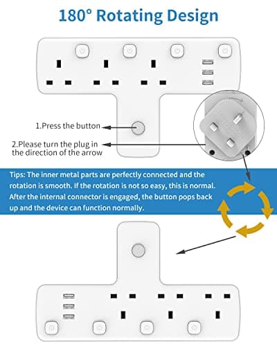Plug Adapter, Mscien 3 Way Extension Plug with 3 USB, Plug Extension Socket with Independent Switches, Multi Plug Adaptor UK Built-in Surge Protector with 180 Degree Rotation Button — view 5
