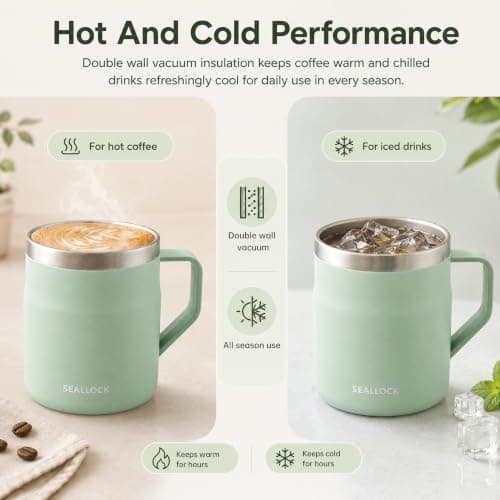 450ml Blue Insulated Stainless Steel Coffee Mug with Lid & HandleGreen) — view 4