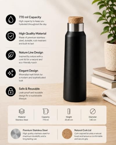 Personalised 770ml Stainless Steel Water Bottle with Natural Cork Lid - Eco-Friendly Custom Engraved Reusable Bottle for Office, Gym, Travel & Outdoor Use — view 4