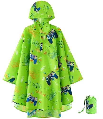WAWSAM Kids Poncho Waterproof - Green game Rain Poncho for Boys - Lightweight Hooded Raincoat with Storage Bag - Portable Rainwear for School & Travel