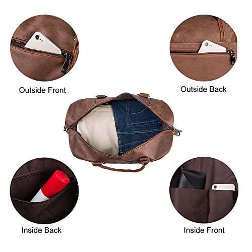Travel Bag with Shoe Pouch,Weekender Overnight Bag Waterproof PU Leather Large Carry On Bag Travel Tote Duffel Bag for Men or Women,Brown — view 4